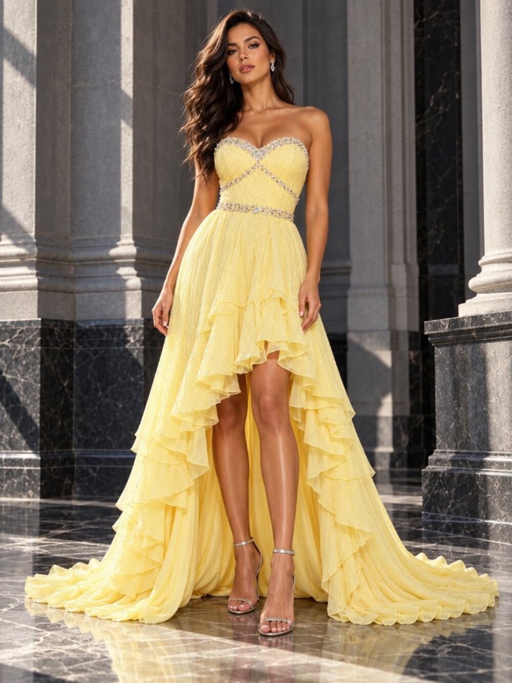 MAC DUGGAL 68096 Beaded Ruffle High-Low Gown Lemon Yellow Size NWT